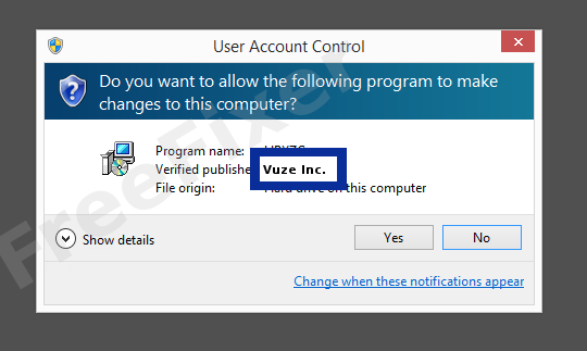 Screenshot where Vuze Inc. appears as the verified publisher in the UAC dialog